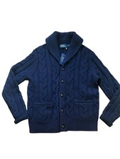 Polo Ralph Lauren Wool Cashmere Cardigan Sweater Fisherman Cable Knit Blue,Small