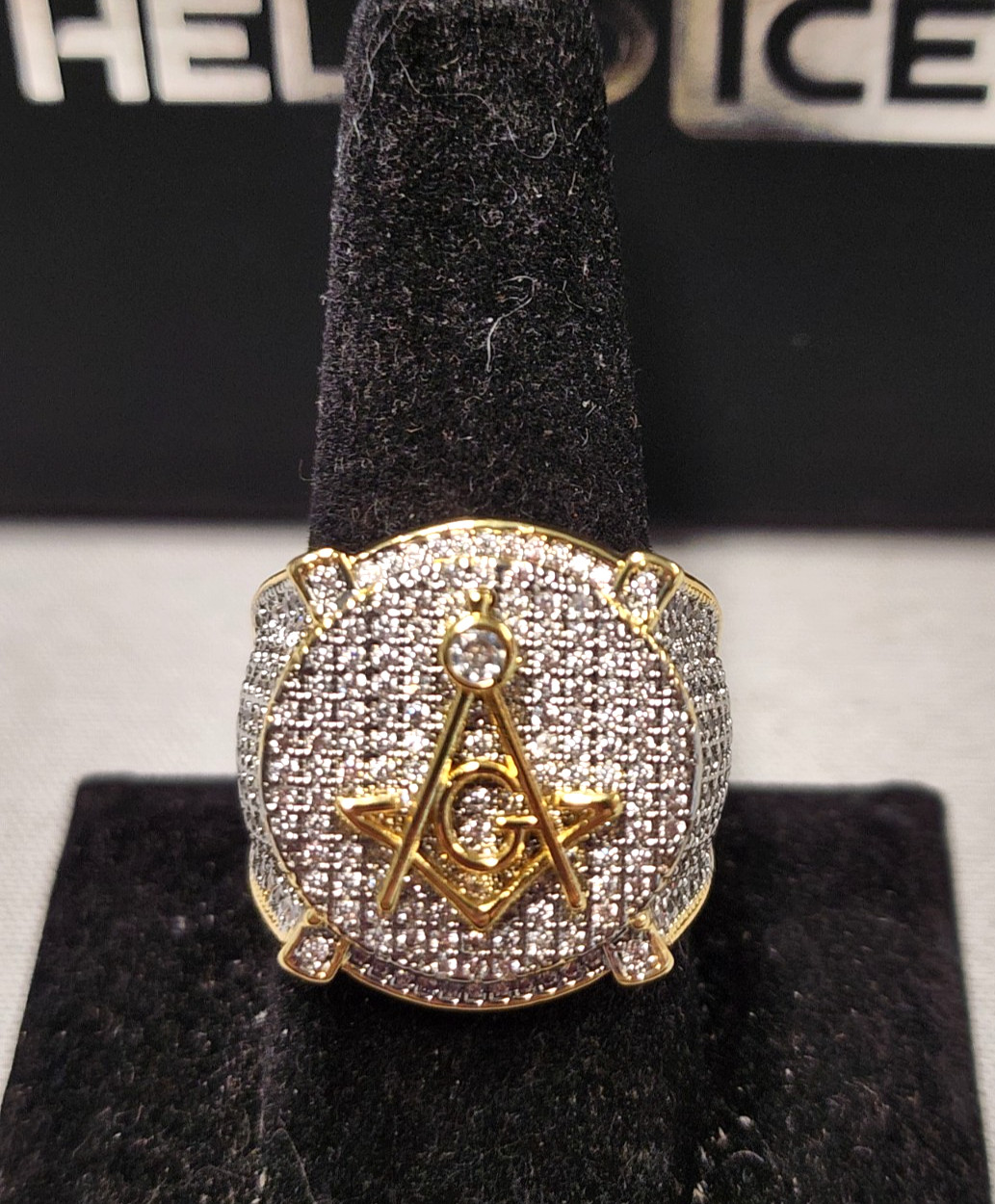 Helloice Iced Masonic Ring sz 9 - image 1