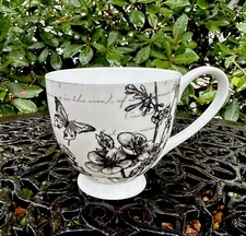 Portobello by Inspire Black & White Cup Floral Butterflies  Bone China 16oz NWOT