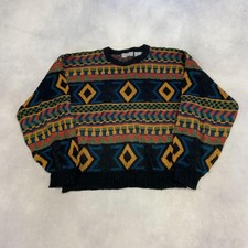 Vintage Abstract Knitted Jumper Patterned Grandad Knit Sweater Men's Xl