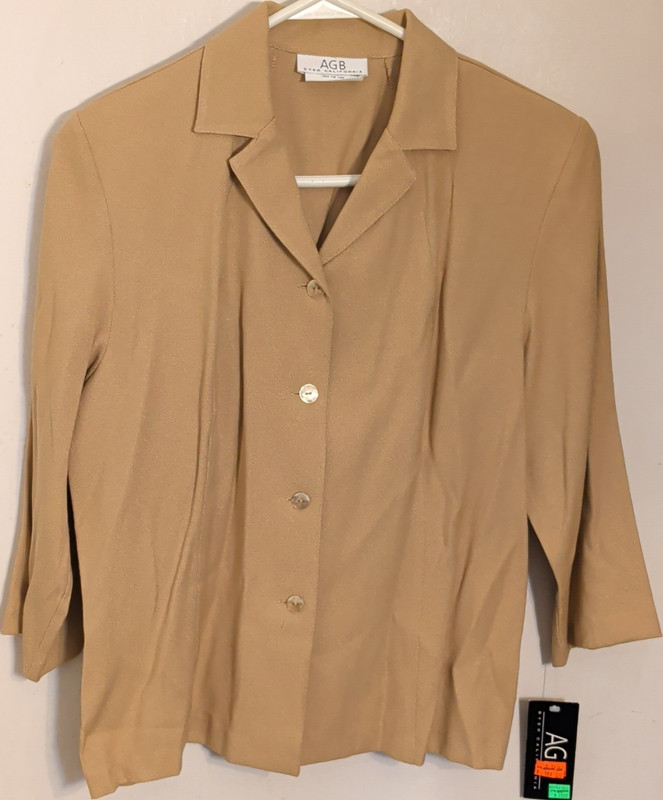 vintage AGB Women's Button Blazer Jacket 3/4 Sleeve Lightweight Beige Solid M
