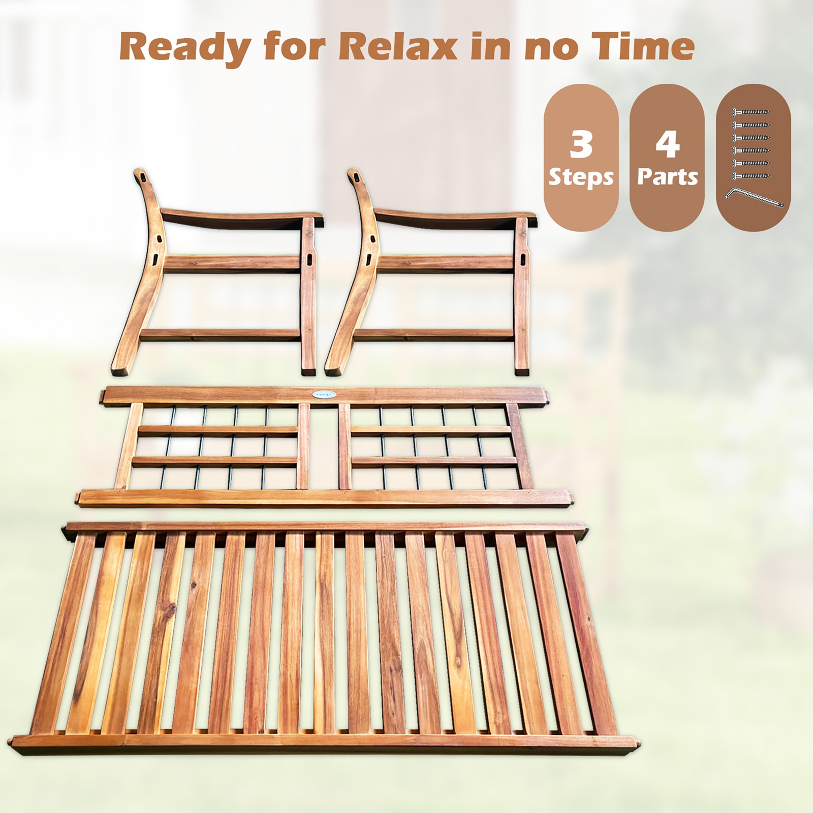 Outdoor Acacia Wood Bench 2-Person Patio Bench w/ Slatted Seat & Backrest