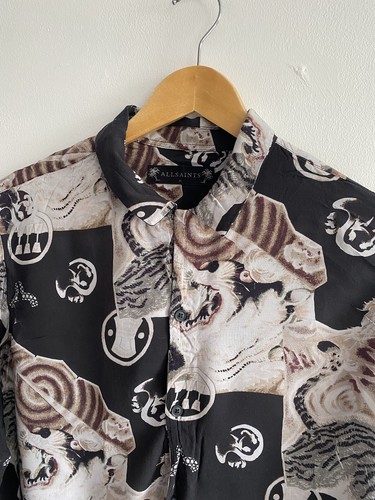 All Saints Shirt Mens Small Black Brown Akita LS Long Sleeve Viscose Oriental - Picture 7 of 16