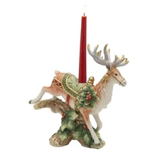 Fitz and Floyd Holiday Home Landing Deer Candleholder with Gold Accents