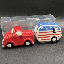 New Farmhouse Patriotic Truck Camper Salt Pepper Shakers 4th Of July Ceramic