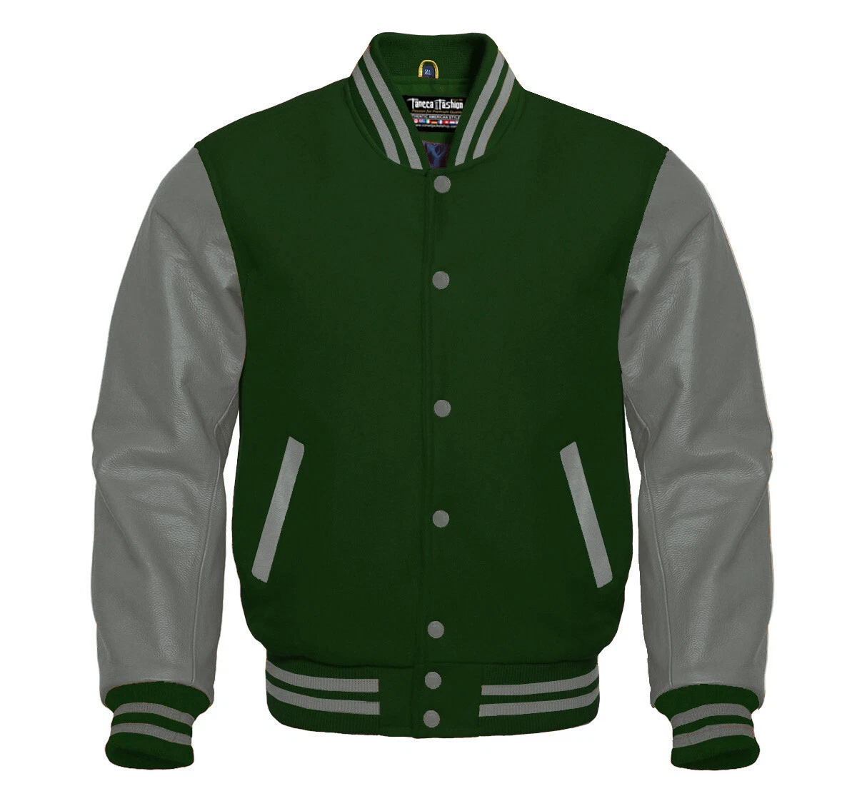 Mens Letterman Basketball Varsity Forest Green Wool Grey Leather Sleeves Jacket