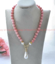 Natural Pink Rhodochrosite Round Gems White Keshi Baroque Pearl Pendant Necklace