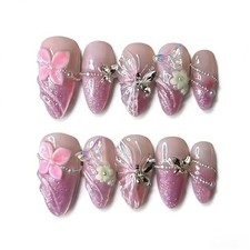 30Pcs Cute Press on Nails Medium Almond Fake Nails with 3D Cute Flower Nails-18