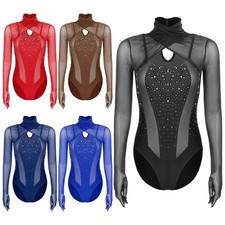 Women Dancewear Competition Jumpsuit Mesh Bodysuit Patchwork Figure Skating