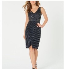 Adrianna Papell Beaded Mesh Embellished Sequin Cocktail Dress Midnight Size 0