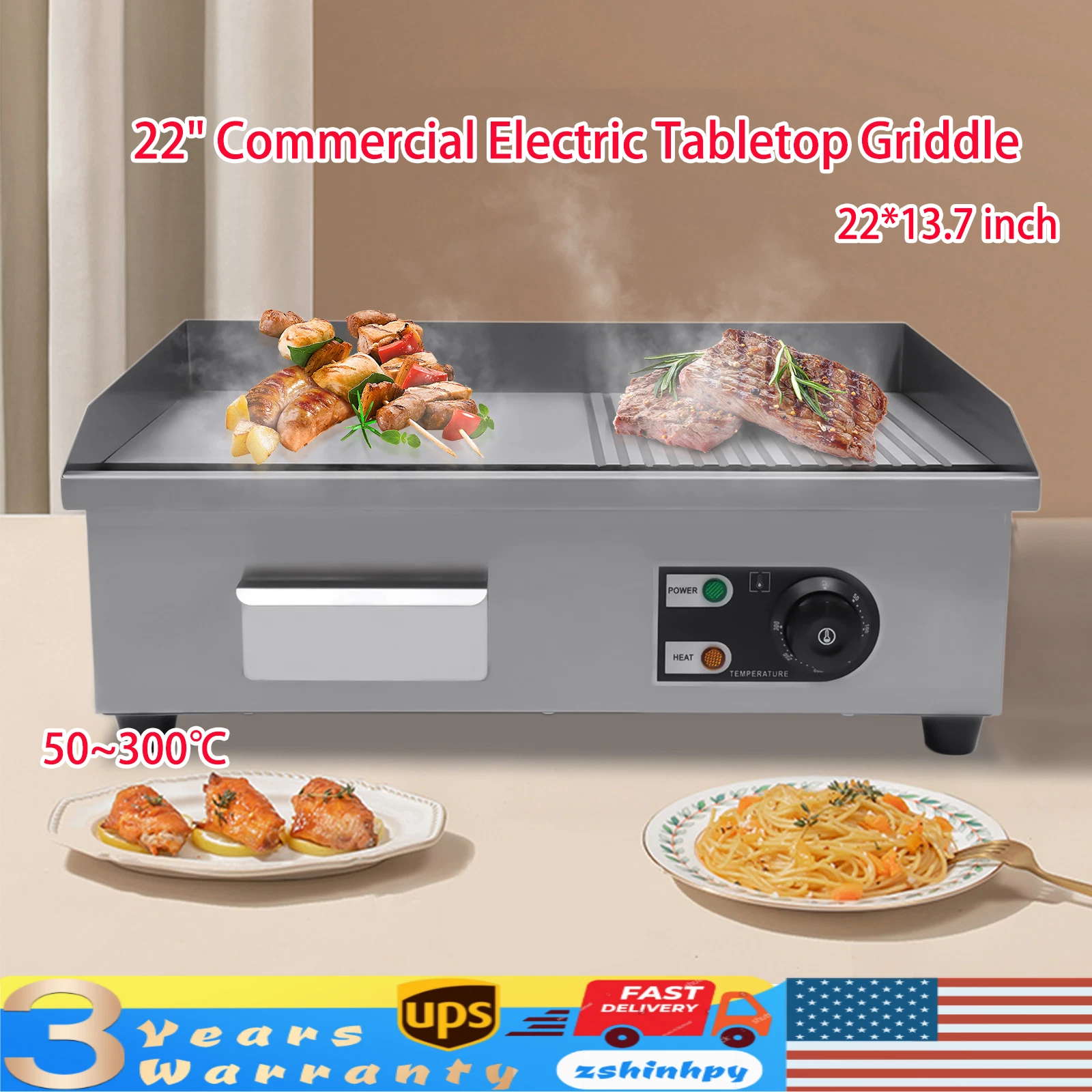 22" 1600W Commercial Electric Tabletop Griddle Flat Top Grill Hot Plate BBQ