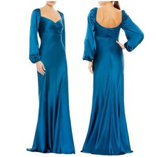 Mac Duggal NWT Sweetheart Neckline Long Puff Sleeve Satin Gown Size 6 Ocean Blue