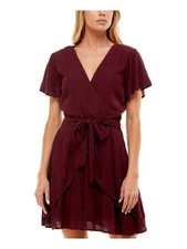 SPEECHLESS Womens Burgundy Tie-belt Flutter Sleeve Mini Dress 11