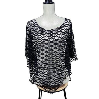 MKM Designs Black Open Knit Mesh Poncho Top Boho Grunge Whimsigoth Dark Academia