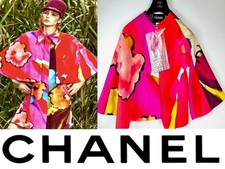 7K Chanel 2015 Red Pink Watercolor Tweed Cape Jacket 34 36 38 2 4 6 S M