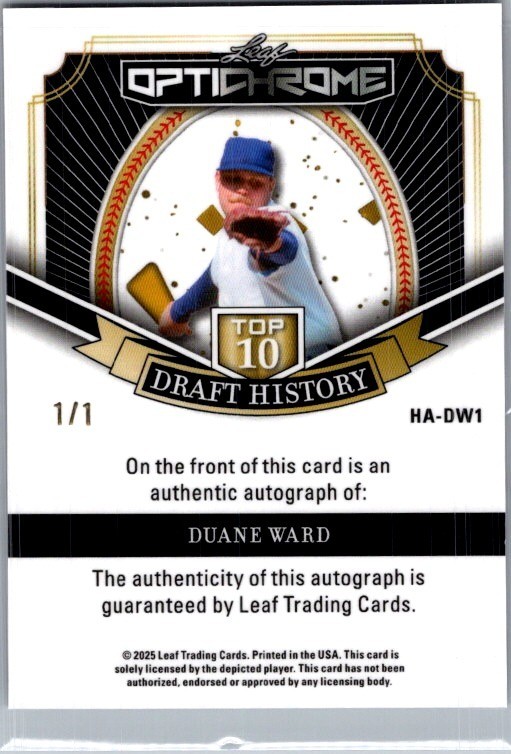 2025 Leaf Duane Ward Optichrome Baseball Black 1/1 Auto view 2