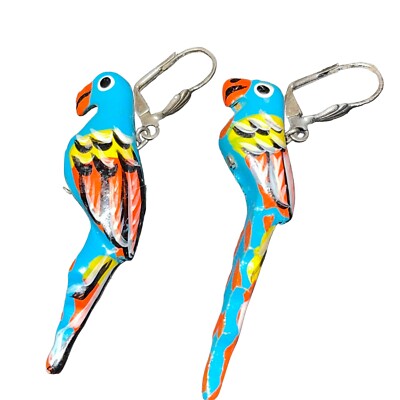 Vintage Wooden Parrot Dangle Earrings 80s Jewelry Tropical Beach Multi  Color 2” - Main Image