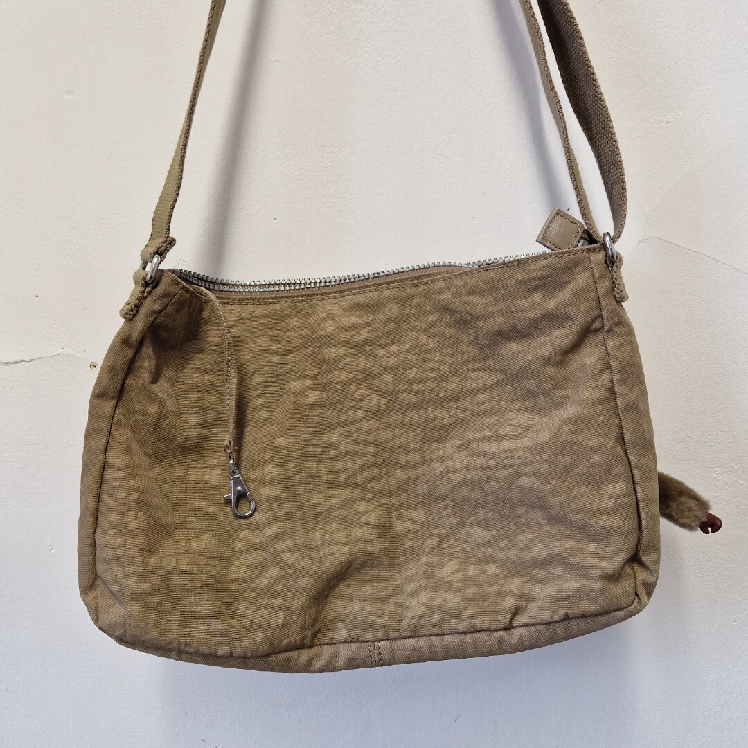 Unisex KIPLING Khaki Multi Compartment Shoulder Bag With Monkey Keyring