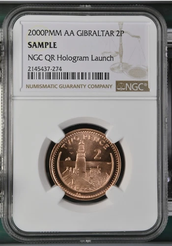2000PMM AA Gibraltar 2 Pence NGC Sample Slab BU, NGC QR HOLOGRAM LAUNCH 2023 ANA