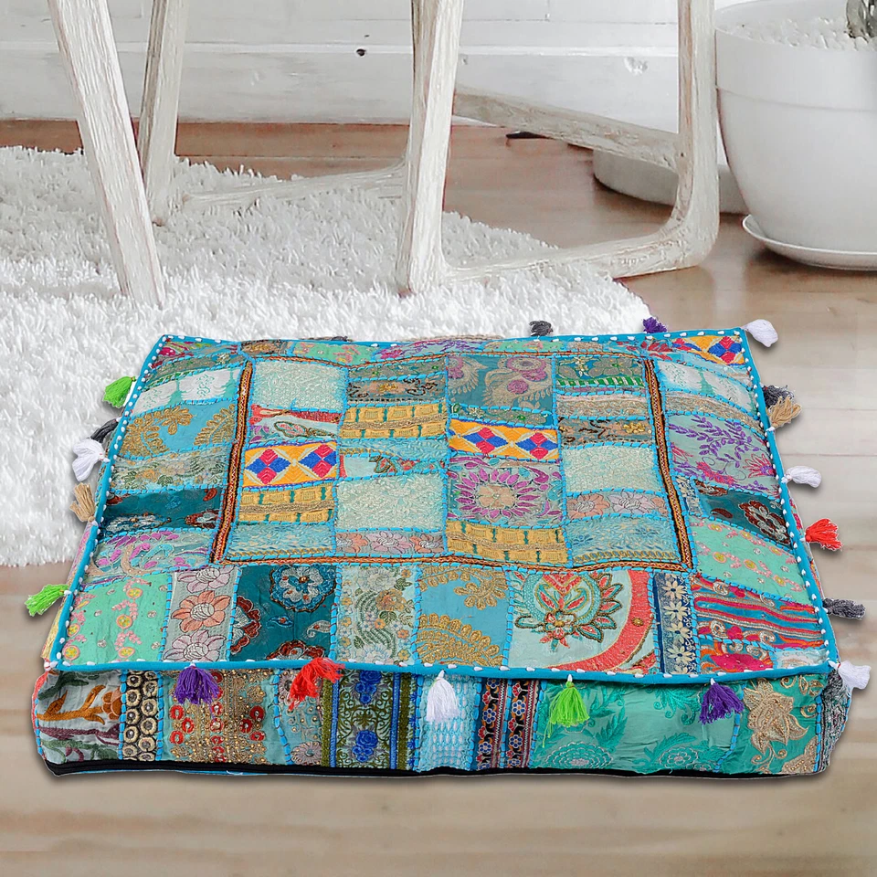 Square Patchwork Cushion Cover Indian Bohemian Vintage Floor Decor Pillow Cover  - Image 2 of 4