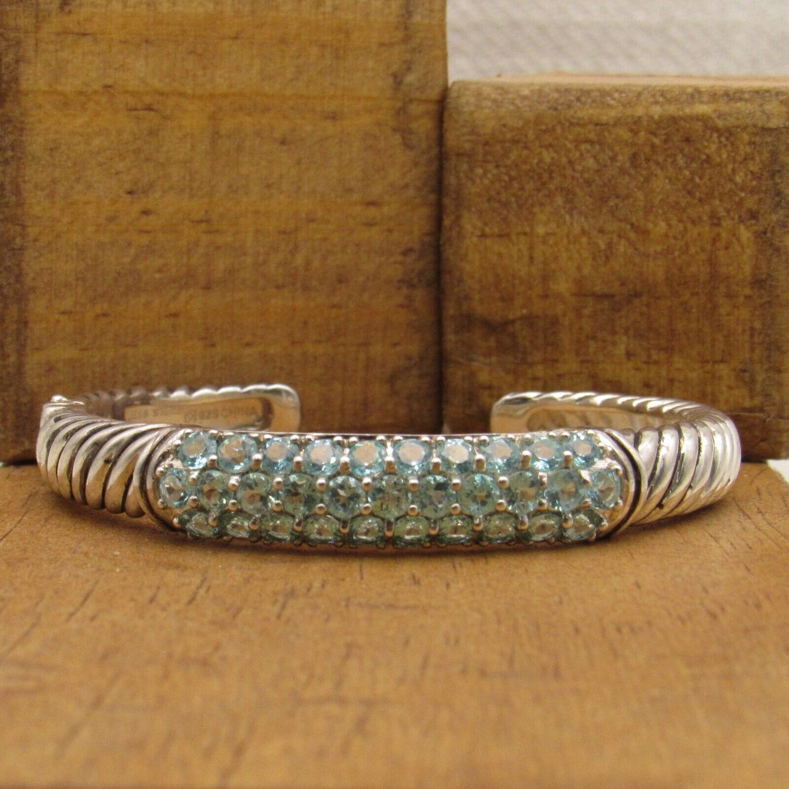 Sterling Silver and Aqua Faceted Stones Hinged Br… - image 1