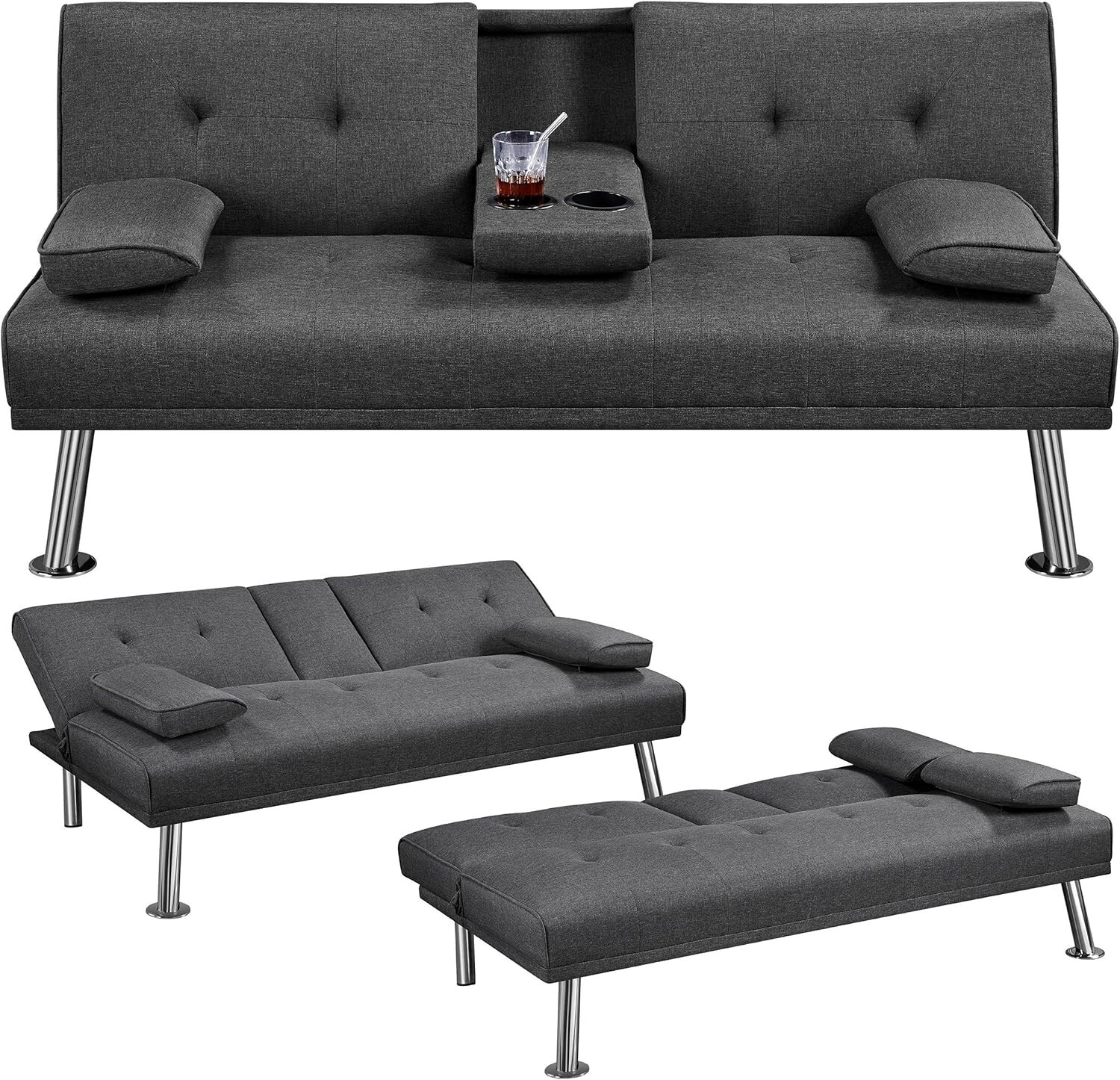 Yaheetech 201cm Convertible Sofa Bed Click-clack Fabric Futon Couch Stylish Versatile Daybed with Large Side Pockets for Guest Rooms/Studios/Study/Offices Beige 31 Fabric Click Clack Sofa Bed with 2 Cup Holders, Convertible Futon Settee, Futon
