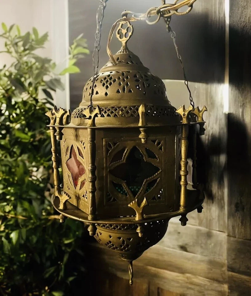 Старинный мавританский подвесной светильник 1920-х бронзовый красный зеленый 100% подлинный работает отлично - Изображение 4 из 4