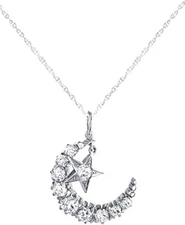 Crescent Moon and Star Pendant 18" Necklace Cubic Zirconia  925 Sterling Silver