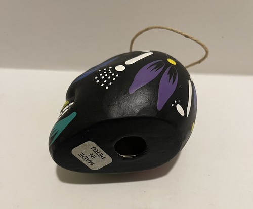 Black Day of The Dead Sugar Skull Ceramic Ornament Halloween Hand Painted Peru - Picture 5 of 6