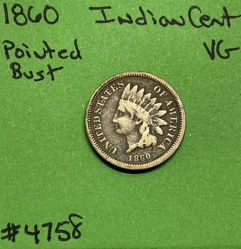 1860 Indian Head Cent 1c VG Very Good Pointed Bust