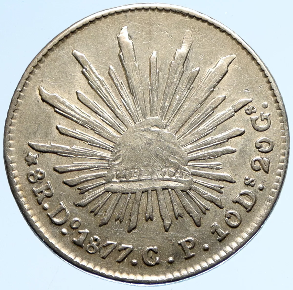 1877 Do CP MEXICO Large Eagle Sun Antique Mexican Silver 8 Reales.