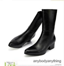 British Mens Pointy Toe Cuban Heel High Mid-calf Boots Zipper Formal Dress Shoes