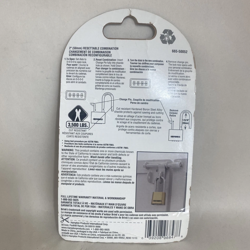 Brinks 665-50052, 1-7/8” 48mm Resettable Combo Padlock 2” Shackle Packaging Vary - Image 2 of 4