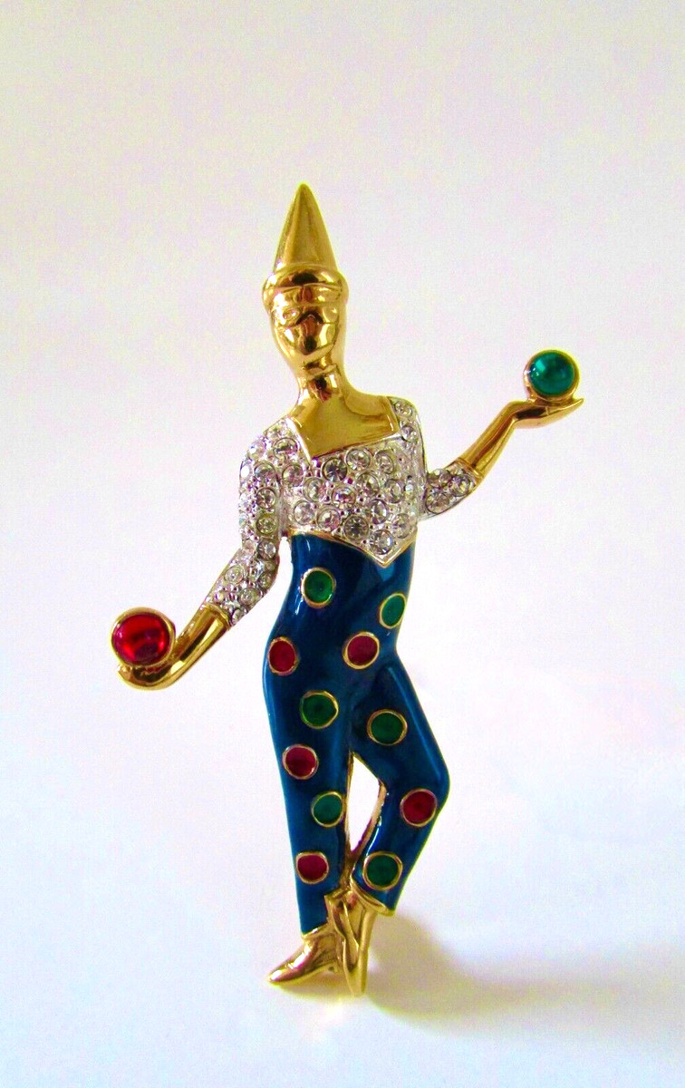 Vintage CAROLEE Harlequin Pierot Juggler Enamel Swarovski Crystal Pin/Brooch