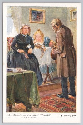 Das Geheimnis der alten Mamsell Kunst Postkarte Georg Mühlberg Szene 3 Innenraum