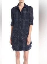 Finley Jenna Ruffle-Trim Linen Shirt Dress Roll Tab Sleeves XL Blue USA Made