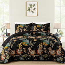 Quilt Set Queen Size, Black Botanical Queen Bedspread Bedding Sets, 3 Pieces Flo