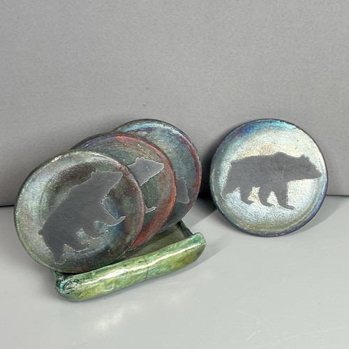 Set of 4 Raku Art Pottery Bear Iridescent Coasters Holder Signed Jeremy Diller