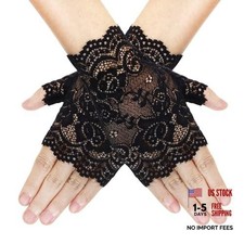 Short Lace Gloves 80s Opera Evening Wedding Sunblock Fingerless Black Floral