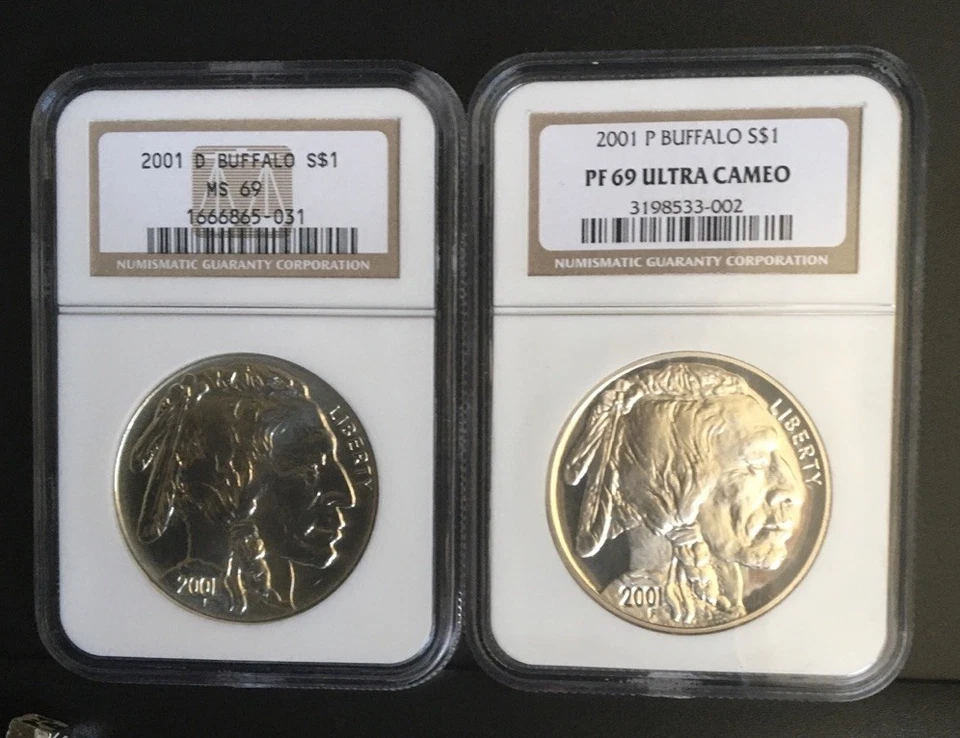 2001 P&D Búfalo Silver  PR Y MS 69  2 Coins  - Image 4 of 4