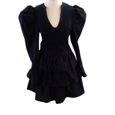Ulla Johnson Dress Small Black  Ribbed Bodice 8 10 Tiered Skirt Long Sleeve