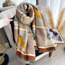 Equestrian Block Print Scarf Shawl Blanket Wrap Cashmere Feel