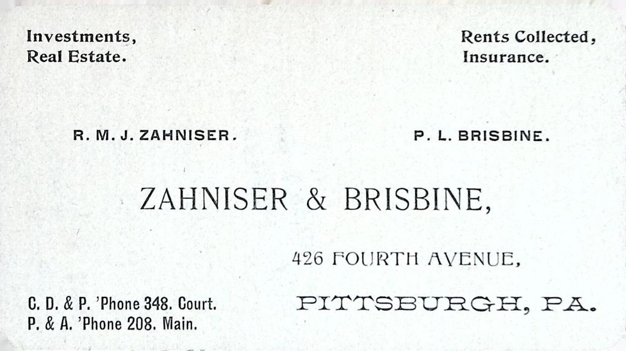 Antique Zahniser And Brisbine Pittsburgh Pennsylvania Real Estate Trade Card