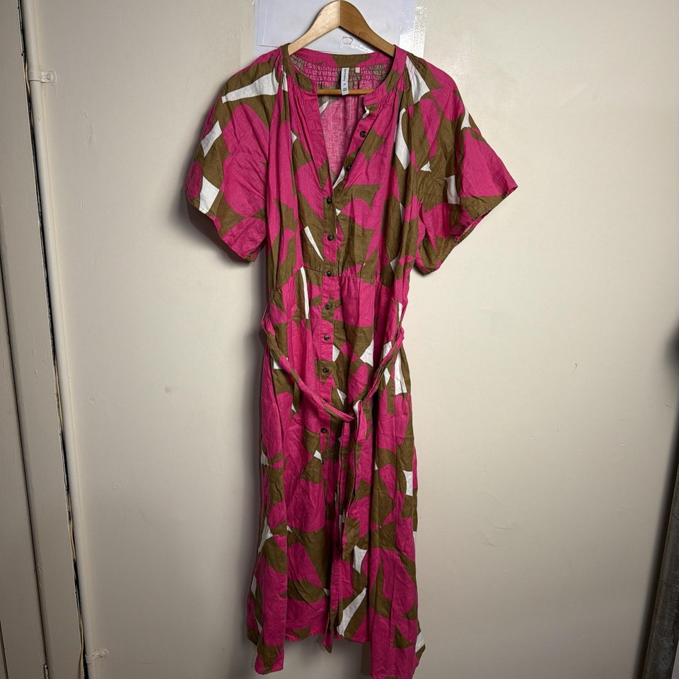 Commonry Dress Womens 14 Pink Print Linen Shirt Maxi Belted Raglan Short Sleeve