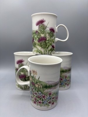 Dunoon Fine Bone China Mugs Set Of 4 Thistle Pattern Scotland By Jane Fern