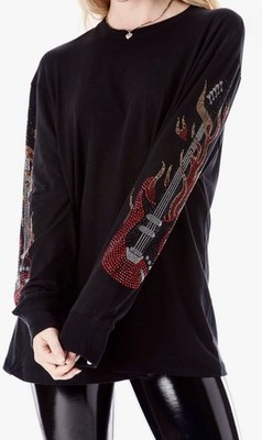EMMA & SAM Women s Black Flame Guitar Rhinestone Long Sleeve Tee Size M NWT 148$