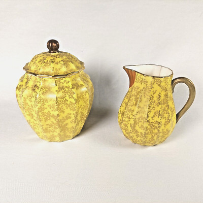 Royal Worcester Yellow Creamer & Sugar Bowl Gold Trim Leaf Decorated Bone China