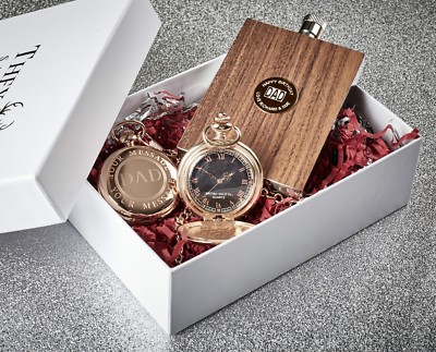 Personalisierte Taschenuhr und Flachmann individuelle Gravur Rosegold Papa Bräutigam Herren