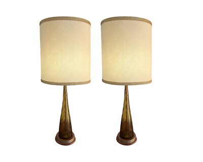 pair vintage mid century modern amber glass Large table lamps Greek key  brass