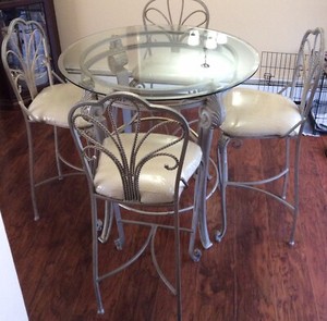 Elegant Round Glass 4 Seat Dining Set (Bar Stool Height Chairs - Iron/Pewter)